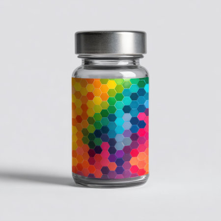 This stunning glass jar showcases a vibrant hexagonal pattern in rainbow shades, perfect for adding a colorful touch to any space or project.の素材