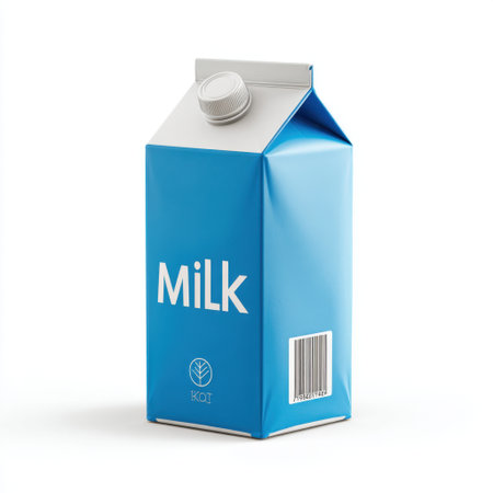 This blue milk carton features a clean, modern design with a white label, perfect for dairy product marketing and showcasing freshness and nutrition.の素材