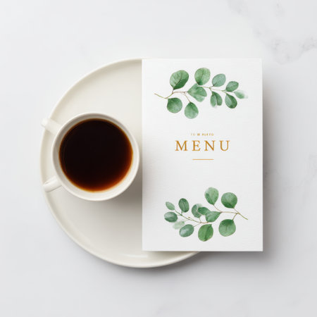A sophisticated coffee menu displayed on a minimalist plate, featuring lush greenery accents. Ideal for restaurant or cafe branding, enhancing any beverage experience.の素材