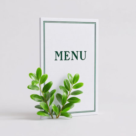 A visually appealing menu design showcased against a smooth background, accompanied by fresh green leaves, perfect for enhancing dining atmospheres.の素材