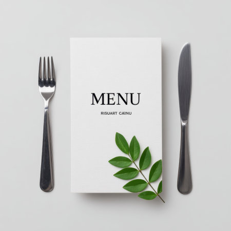 This elegant menu design features a clean layout with a green leaf accent, perfect for creating an inviting atmosphere in fine dining establishments.の素材