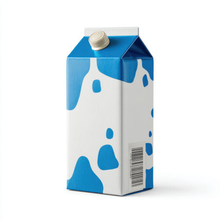 A stylish fresh milk carton featuring a blue design with white splashes. Perfect for showcasing dairy products in advertisements, menus, or packaging designs.の素材