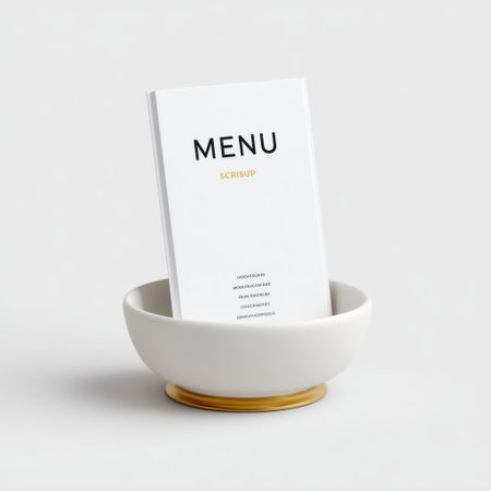 A stunning presentation of a minimalist restaurant menu nestled in a sleek bowl, featuring elegant typography and golden accents, perfect for dining establishments.の素材