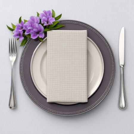 This image showcases a beautifully arranged table setting, featuring delicate flowers and a neatly folded napkin on an elegant plate, perfect for fine dining.の素材