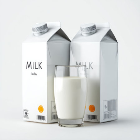 This image features two cartons of milk beside a glass filled with creamy milk. The neutral background highlights the simplicity and freshness, perfect for marketing or culinary use.の素材