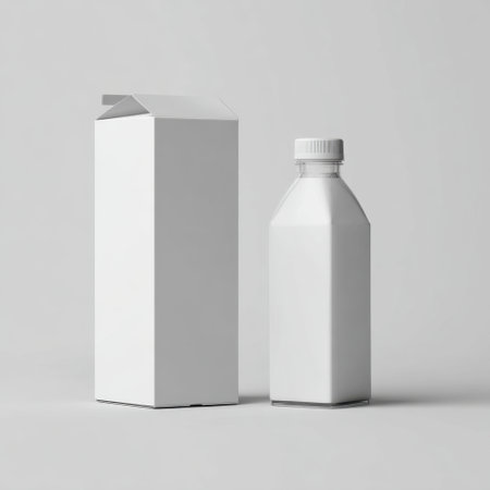 This image features minimalist white packaging for a beverage and dairy products, showcasing a carton and a bottle against a soft, neutral background.の素材