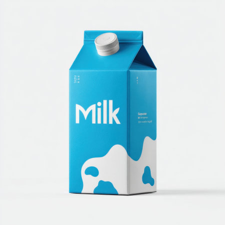 A striking blue milk carton featuring a white splash design, perfect for showcasing dairy products in modern advertising or store displays.の素材