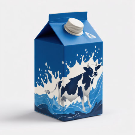 This vibrant blue milk carton features a captivating cow illustration with splashing waves, ideal for dairy product promotions and branding concepts.の素材