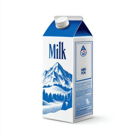 This image features a milk carton designed with a stunning mountain landscape, showcasing fresh dairy beverage ideal for various culinary and health purposes.の素材