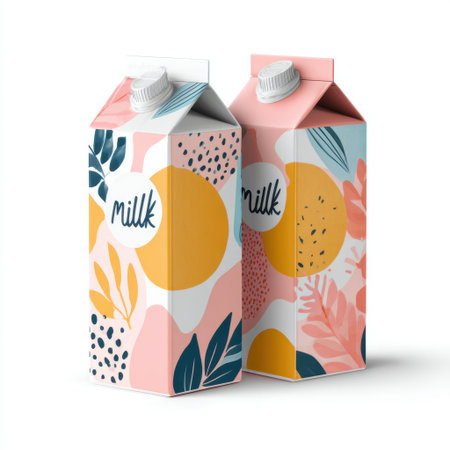 This image features a pair of stylish milk cartons adorned with vibrant colors and abstract designs, perfect for modern branding and creative projects.の素材