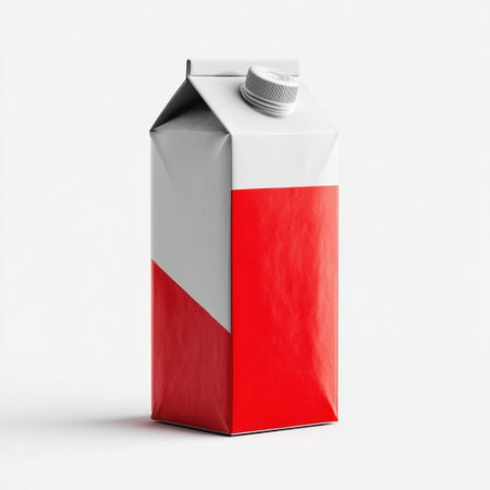 A striking red and white milk carton featuring a screw cap, showcasing a minimalist aesthetic ideal for product photography and advertising.の素材