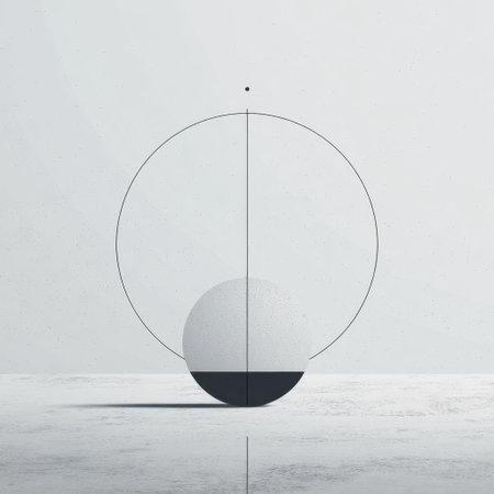 This intriguing abstract artwork features a balanced composition of a circle and half sphere against a minimalist gray background, evoking a sense of tranquility and modern elegance.の素材