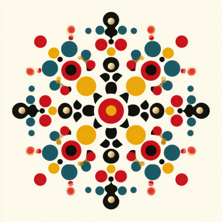 This vibrant geometric mandala features a captivating arrangement of colorful circles and shapes on a soft background, perfect for decorative use.の素材