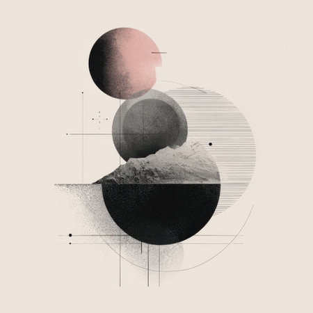 This abstract artwork showcases a harmonious blend of geometric shapes and textures, featuring a mountain design against a neutral backdrop. Ideal for modern decor.の素材