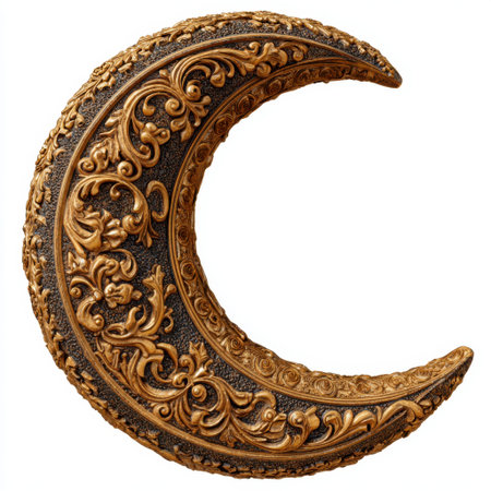 Discover an ornate crescent moon sculpture featuring intricate floral designs and a rich gold finish, perfect for enhancing any decorative art display.の素材