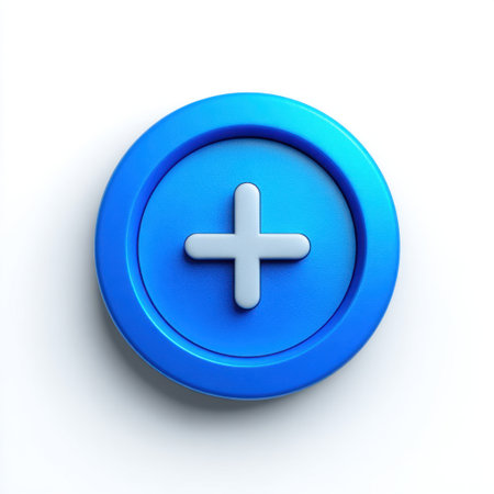 This image features a sleek blue circular button with a plus sign, representing addition and interactivity in modern digital design, perfect for applications and interfaces.の素材