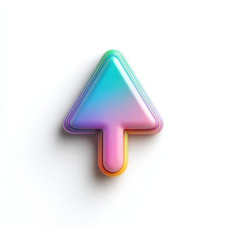 This image features a colorful arrow icon rendered in a smooth gradient on a clean white background, perfect for digital applications and graphic designs.の素材