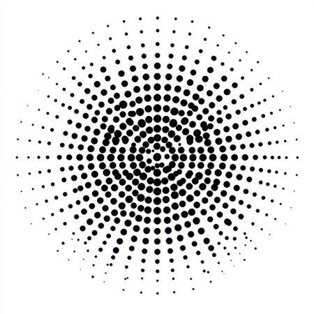 This image features a radial arrangement of black dots on a white background, creating a striking abstract pattern. Ideal for modern design projects.の素材