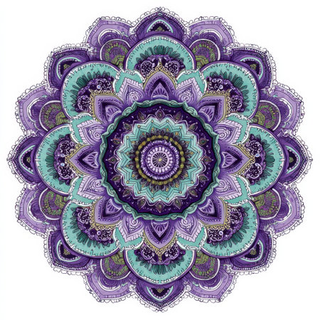 This captivating mandala features beautiful shades of purple and teal, rich in detail and symmetry, perfect for art therapy or creative projects.の素材