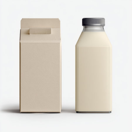 This image showcases simple milk packaging featuring a carton and a bottle, ideal for food photography and dairy industry use. The design highlights freshness and simplicity.の素材