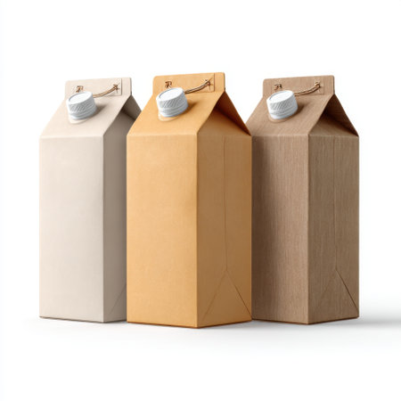 A collection of three distinctive cardboard drink cartons in neutral colors, showcasing minimalist design and eco-friendly materials, ideal for product display.の素材
