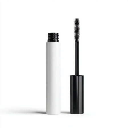 This image features a sleek mascara tube with a brush, presented against a pure white backdrop, ideal for highlighting beauty products and cosmetics.の素材