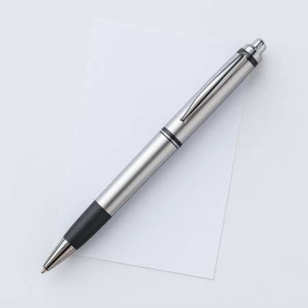 A sleek silver metal pen rests on a clean white sheet of paper, creating an elegant and minimalist setting ideal for writing notes or messages.の素材
