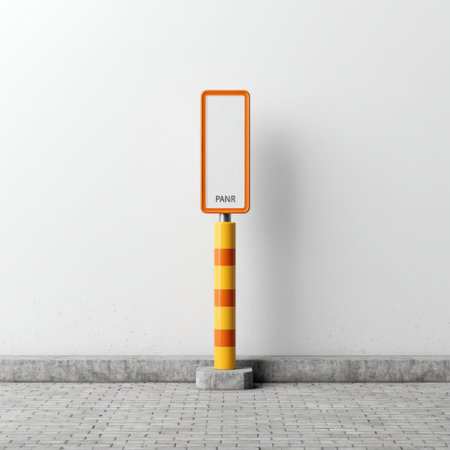 A striking urban barrier with a bright orange and yellow color scheme stands against a minimalist white wall, creating a unique visual statement.の素材