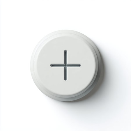 This image features a minimalist white button with a plus sign on a smooth surface, ideal for user interface design, web applications, and digital graphics.の素材