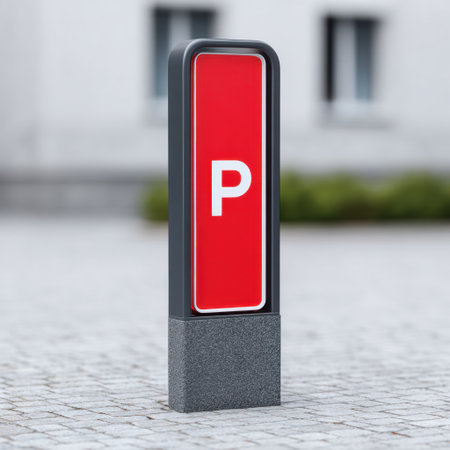 A sleek and modern parking sign featuring a bold red background with a white 'P' symbol, set in a clean urban environment, perfect for illustrating city navigation.の素材