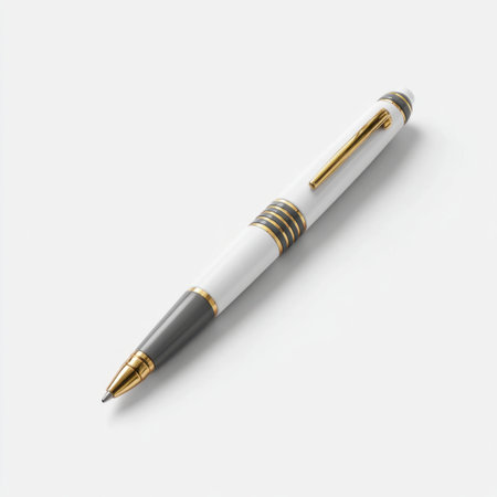 A sophisticated white pen with gold accents lies on a light background, perfect for showcasing professionalism and style in business contexts.の素材