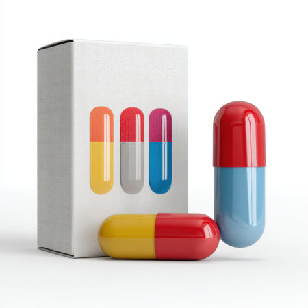 A visually striking image featuring colorful capsules alongside a neatly packaged box, ideal for health, pharmaceutical, or wellness product promotions.の素材