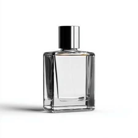 This elegant glass perfume bottle features a shiny silver cap and minimalist design, perfect for luxury branding and product showcases.の素材