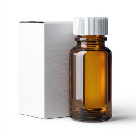This image showcases an amber glass bottle with a white cap next to a plain white box. Perfect for supplement or pharmaceutical packaging, it emphasizes a clean and professional aesthetic.の素材