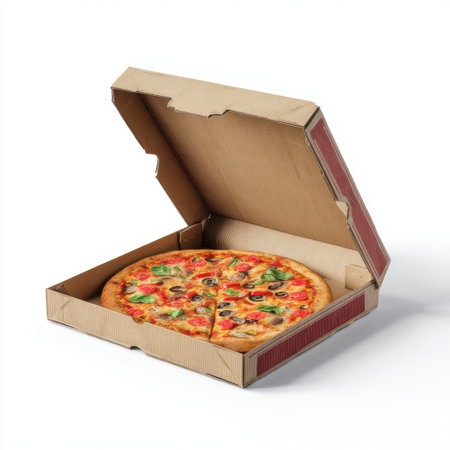 An appetizing pizza featuring pepperoni and fresh vegetables in an open delivery box, perfect for sharing or enjoying alone. Ideal for meal inspiration.の素材