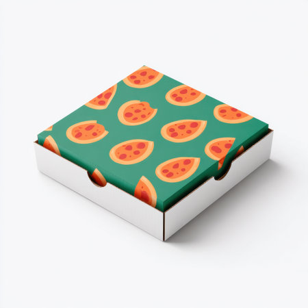 Vibrant pizza box design featuring playful pepperoni patterns on a green background, perfect for creative food packaging or restaurant branding.の素材