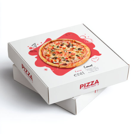 High-quality food image featuring a freshly baked pizza in an open takeout box. The vibrant colors and variety of toppings showcase a tempting meal, perfect for promotional materials.の素材