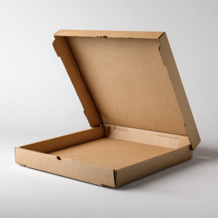 This stock photo features an open, empty cardboard box designed for takeout or delivery. The simple and minimalist aesthetic highlights the packaging's versatility for retail or storage use.の素材