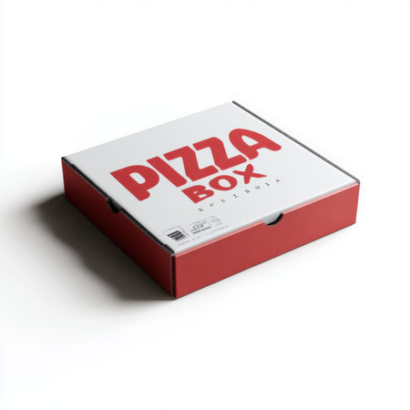 This stylish pizza box features bold red lettering on a clean white surface, ideal for food delivery or restaurant marketing visuals. Perfect for showcasing pizza or takeout options.の素材