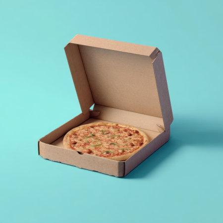 A freshly baked pizza displayed in a classic cardboard takeout box, set against a vibrant blue background to highlight its delicious appeal.の素材