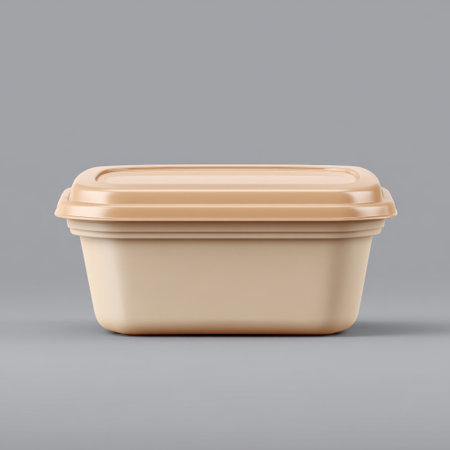 A minimalistic beige storage container with a lid, perfect for kitchen organization or serving food. Its sleek design enhances any home decor style.の素材