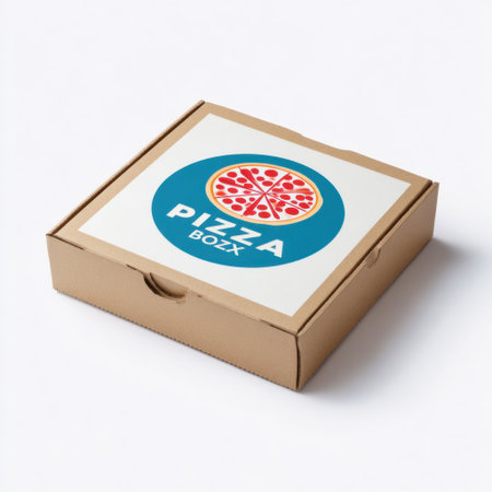 This image showcases a pizza box, featuring an appealing design with delicious pizza slices, perfect for any food delivery service or restaurant branding.の素材