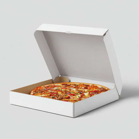 An enticing view of a freshly baked pizza in an open takeout box, showcasing a variety of delicious toppings, perfect for any meal occasion.の素材