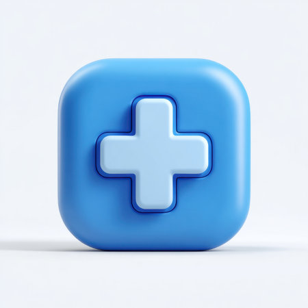 A bright blue 3D button featuring a prominent white plus sign on a clean background, ideal for digital platforms and modern user interfaces.の素材