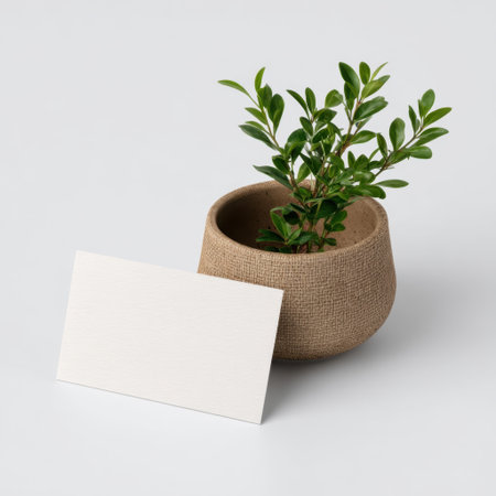 A minimalist setup featuring a small plant in a textured pot next to a blank business card on a light background. Ideal for branding visuals.の素材