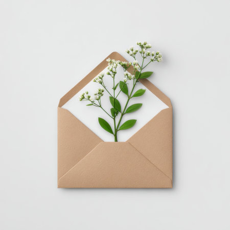 This image features an elegant brown envelope partially open, revealing a delicate arrangement of fresh green leaves and white flowers. The soft natural light enhances the simplicity and beauty of the composition, making it perfect for stationery or botanical themes.の素材