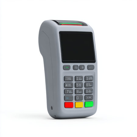 This image showcases a modern mobile payment terminal designed for easy credit card transactions. It features a clear keypad and compact design.の素材