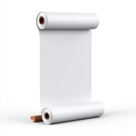 A blank scroll paper positioned on a wooden stand, perfect for artistic projects and promotional designs. Clean and minimal, it offers endless creative possibilities.の素材