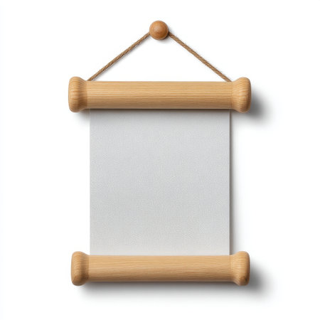 A blank scroll with wooden rollers is suspended by a rope against a white background, ideal for showcasing messages, artwork, or creative designs.の素材