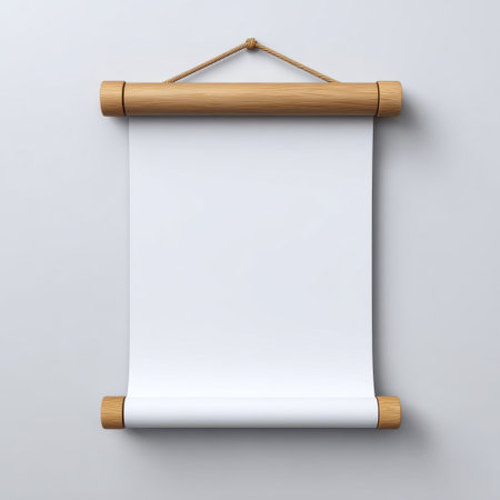 A minimalist design featuring a blank scroll with a wooden hanger against a clean background, perfect for creative projects and artistic expressions.の素材
